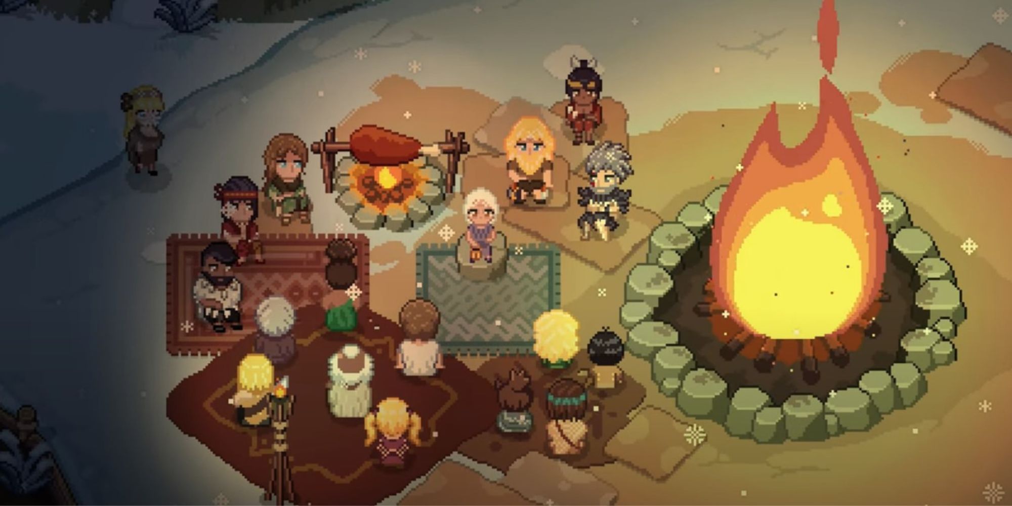 Image shows characters gathered by a fire.