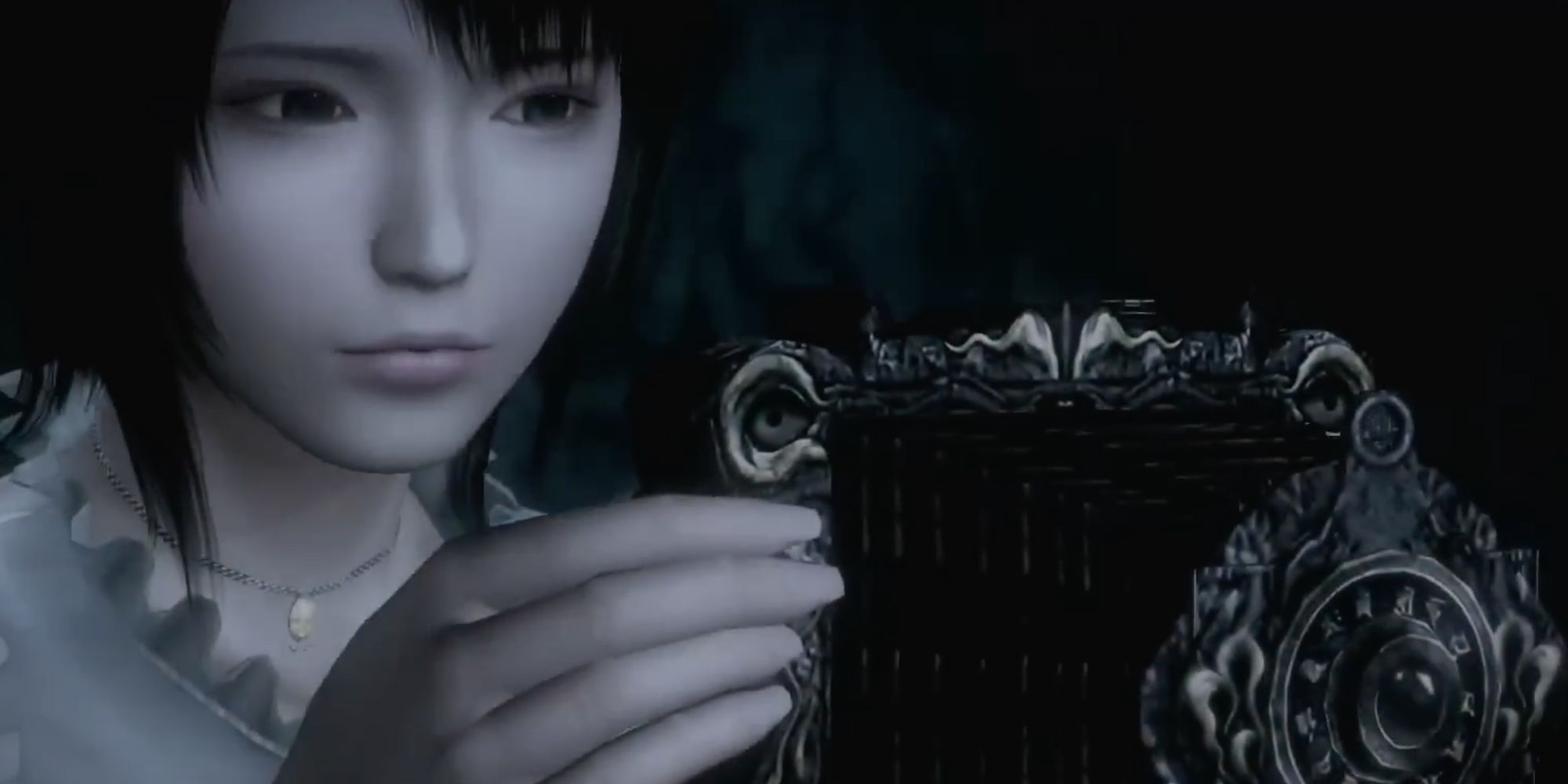 Ruka Minazuki from Fatal Frame Mask of the Lunar Eclipse peers into the Camera Obscura.