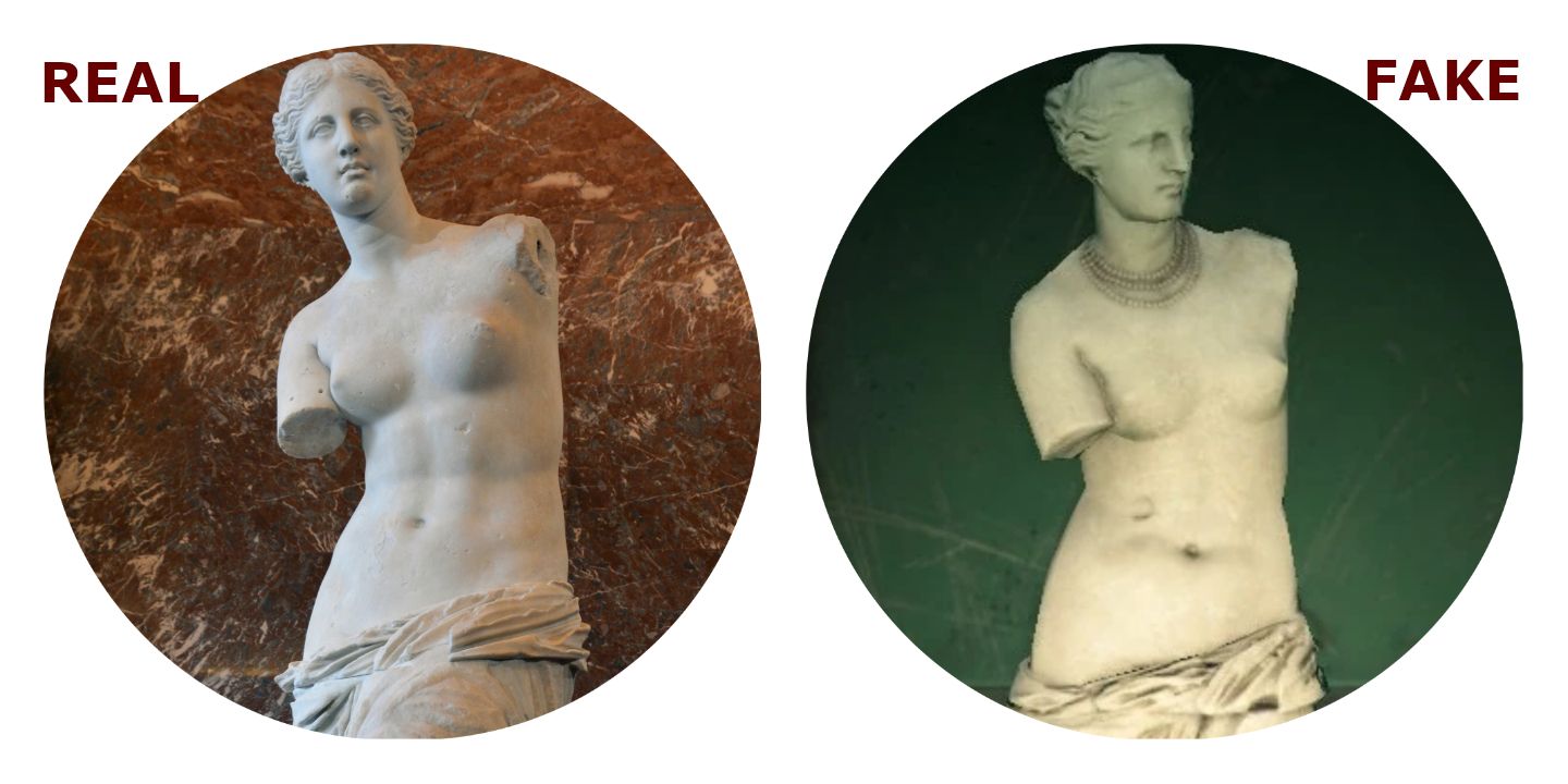 Split image of the real Beautiful Statue and the fake Beautiful Statue in Animal Crossing: New Horizons.