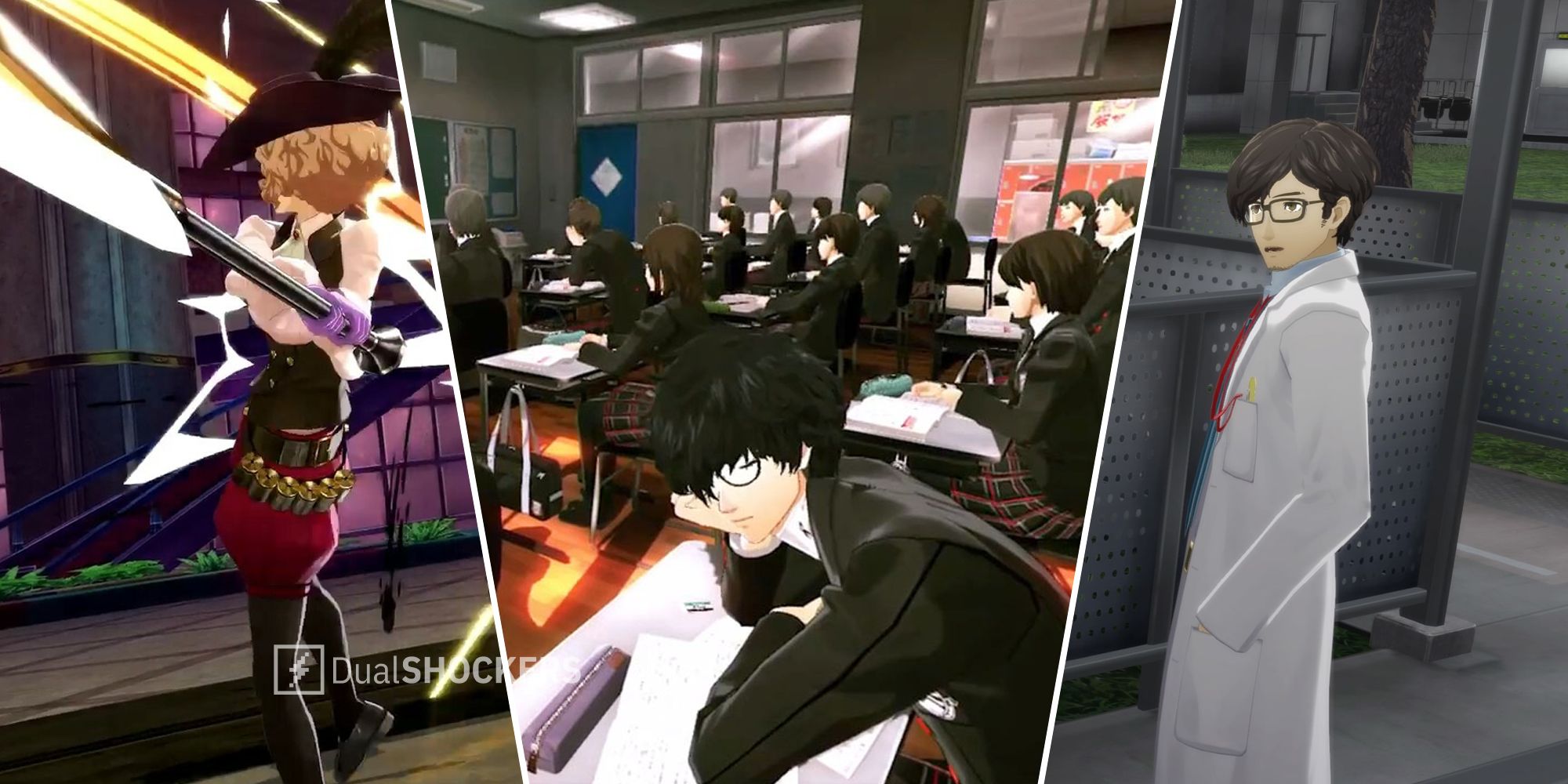 Persona 5 Royal battle gameplay, classroom with Joker