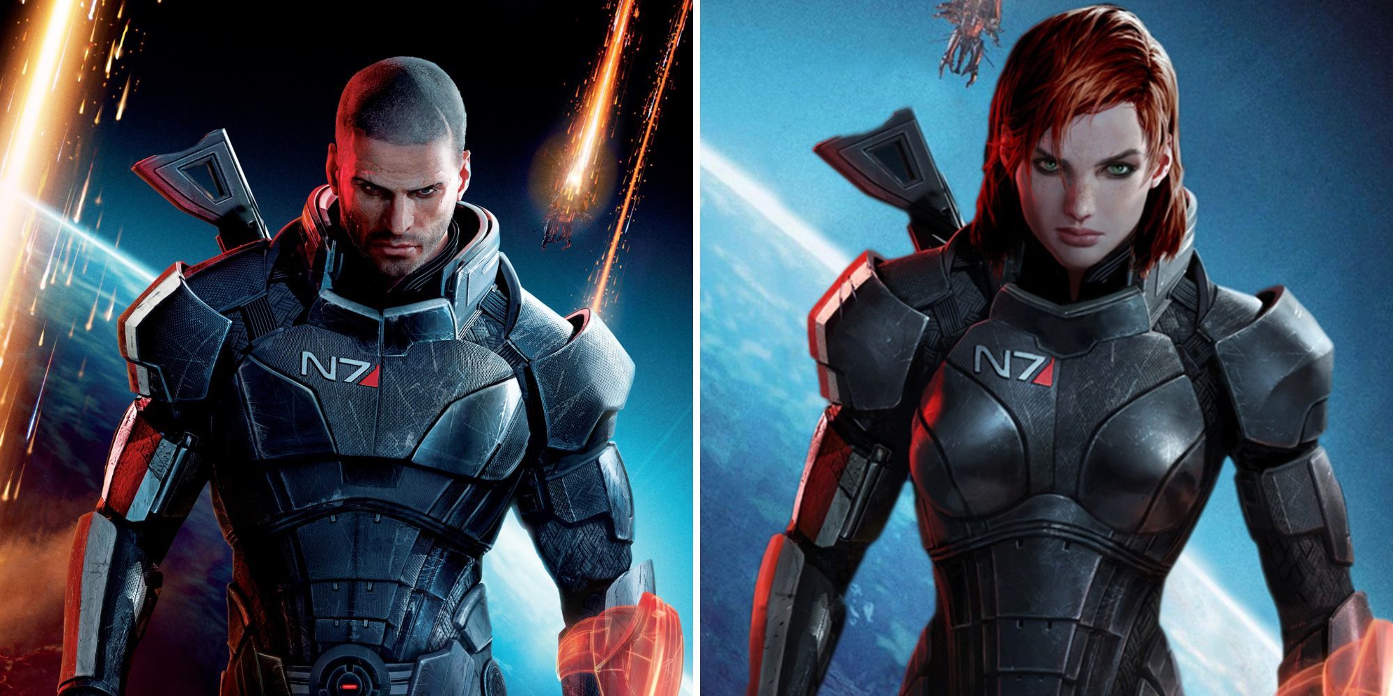 Both versions of Commander Shepard staring at the viewer (Mass Effect franchise)