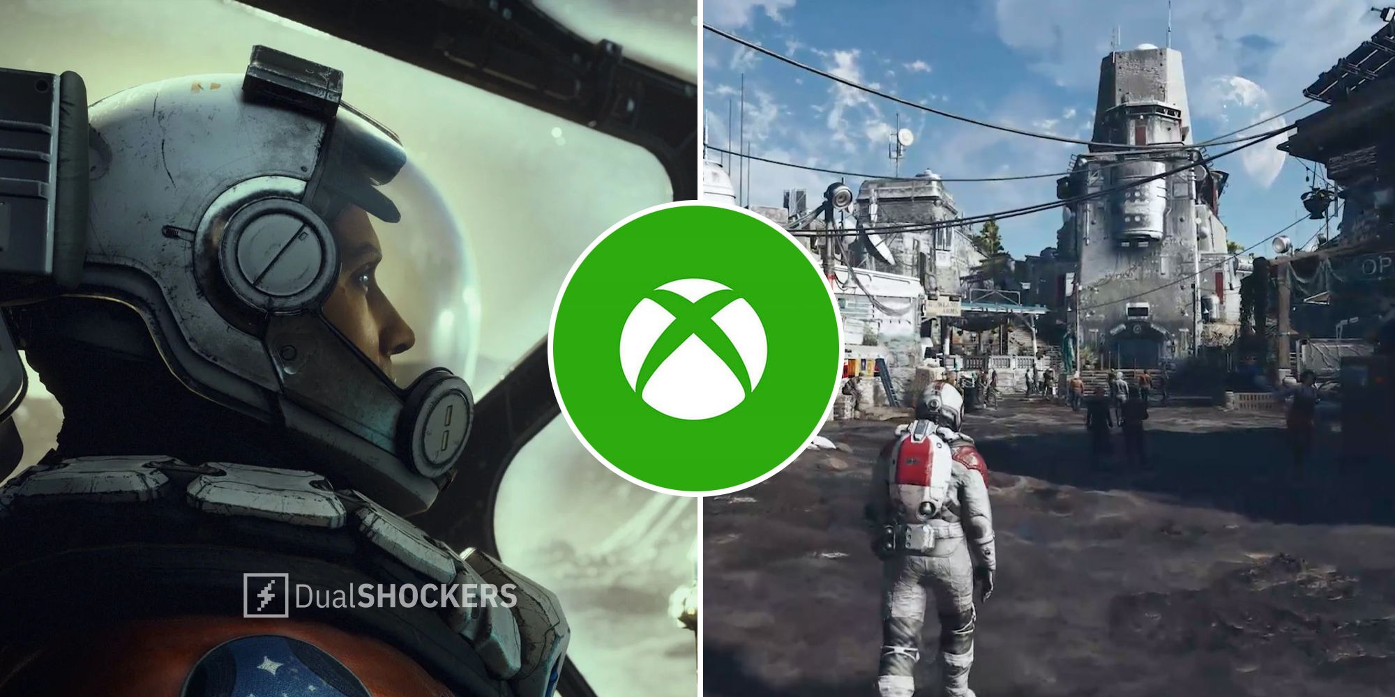 Starfield character with space suit on, Xbox logo, character in a city