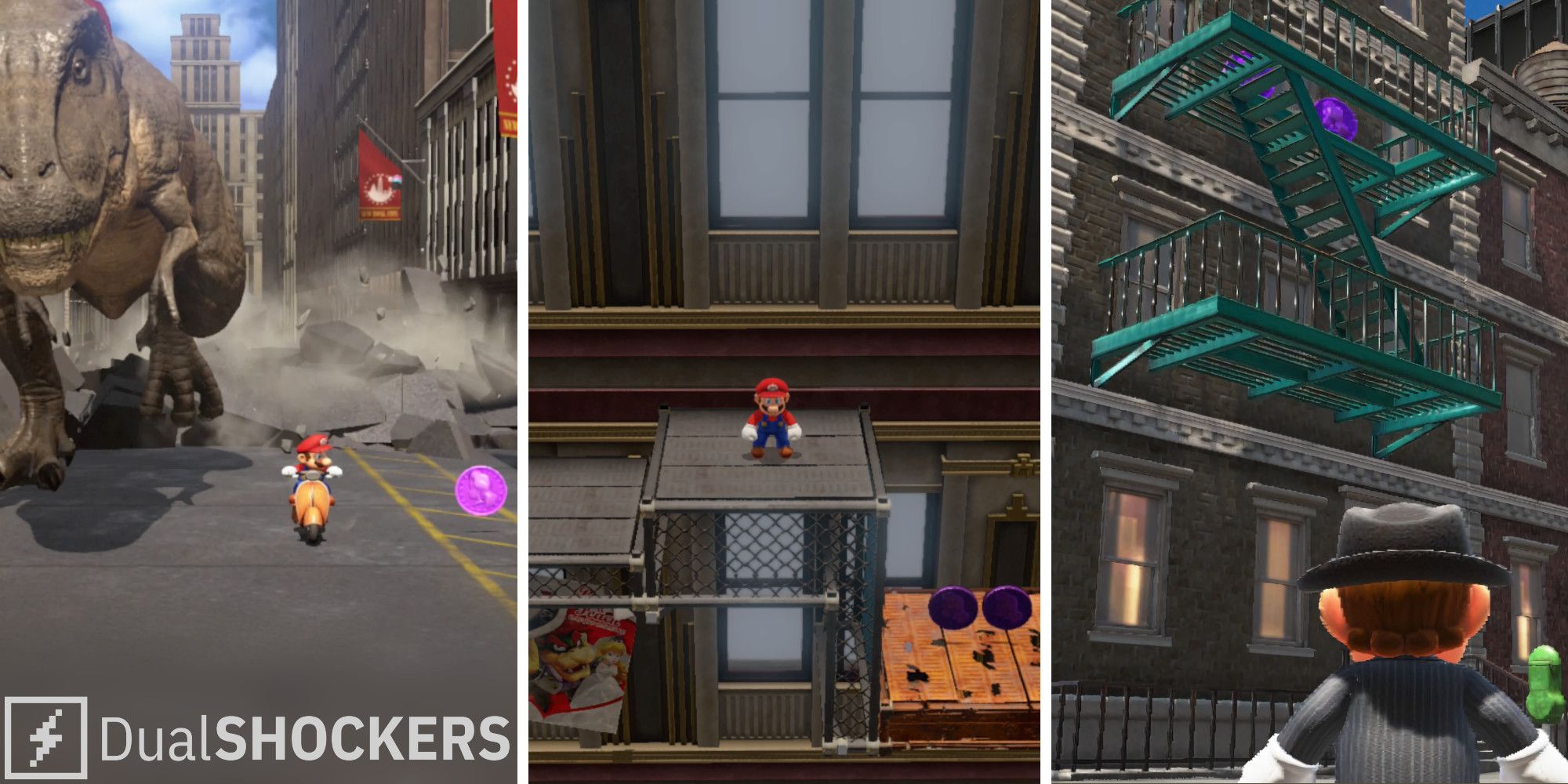 Super Mario Odyssey New Donk City split image Mario riding vehicle, on rooftop and in suit.