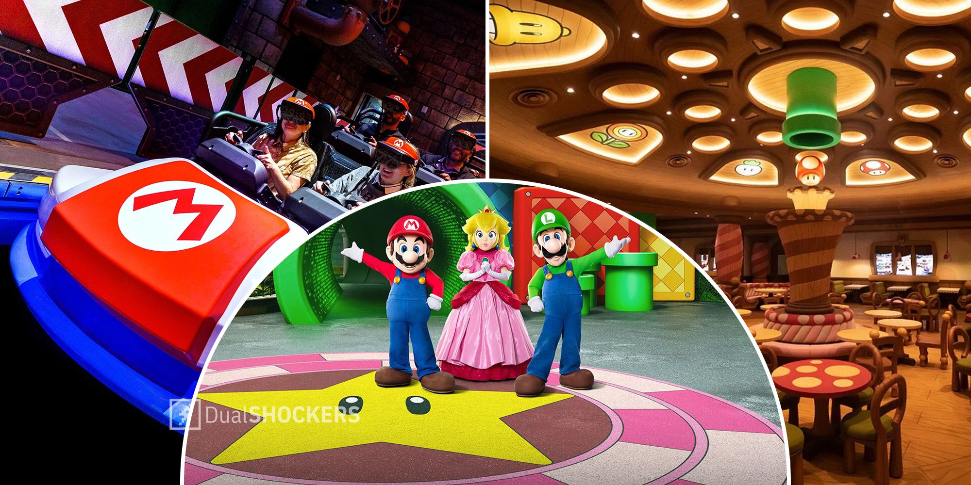 Super Nintendo World Bowser's Challenge, Toadstool Cafe inside, Mario, Peach, and Luigi