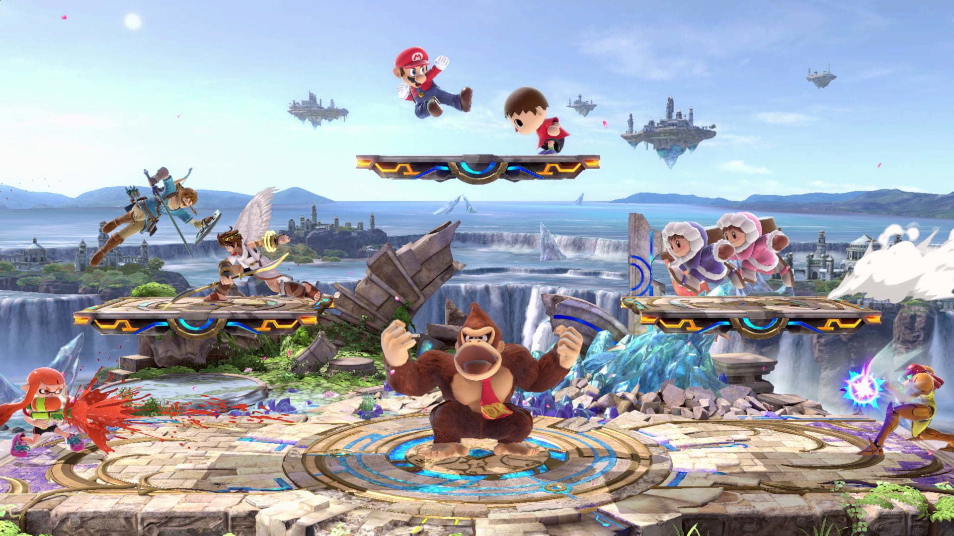 Super Smash Bros. Ultimate Mario Animal Crossing Ice Climbers Samus Donkey Kong Inkling Link and Pit fighting