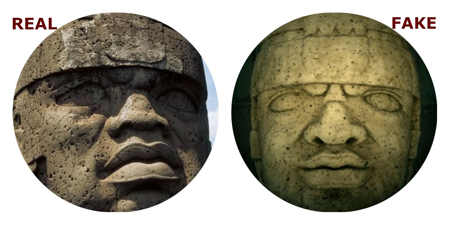 Split image of the real Rock-head Statue and the fake Rock-head Statue in Animal Crossing: New Horizons.