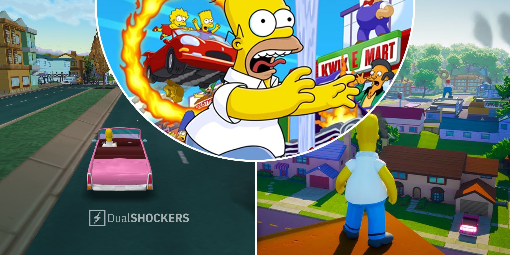 The Simpson's Hit & Run Homer in car, promo image, Homer looking at the Simpsons house