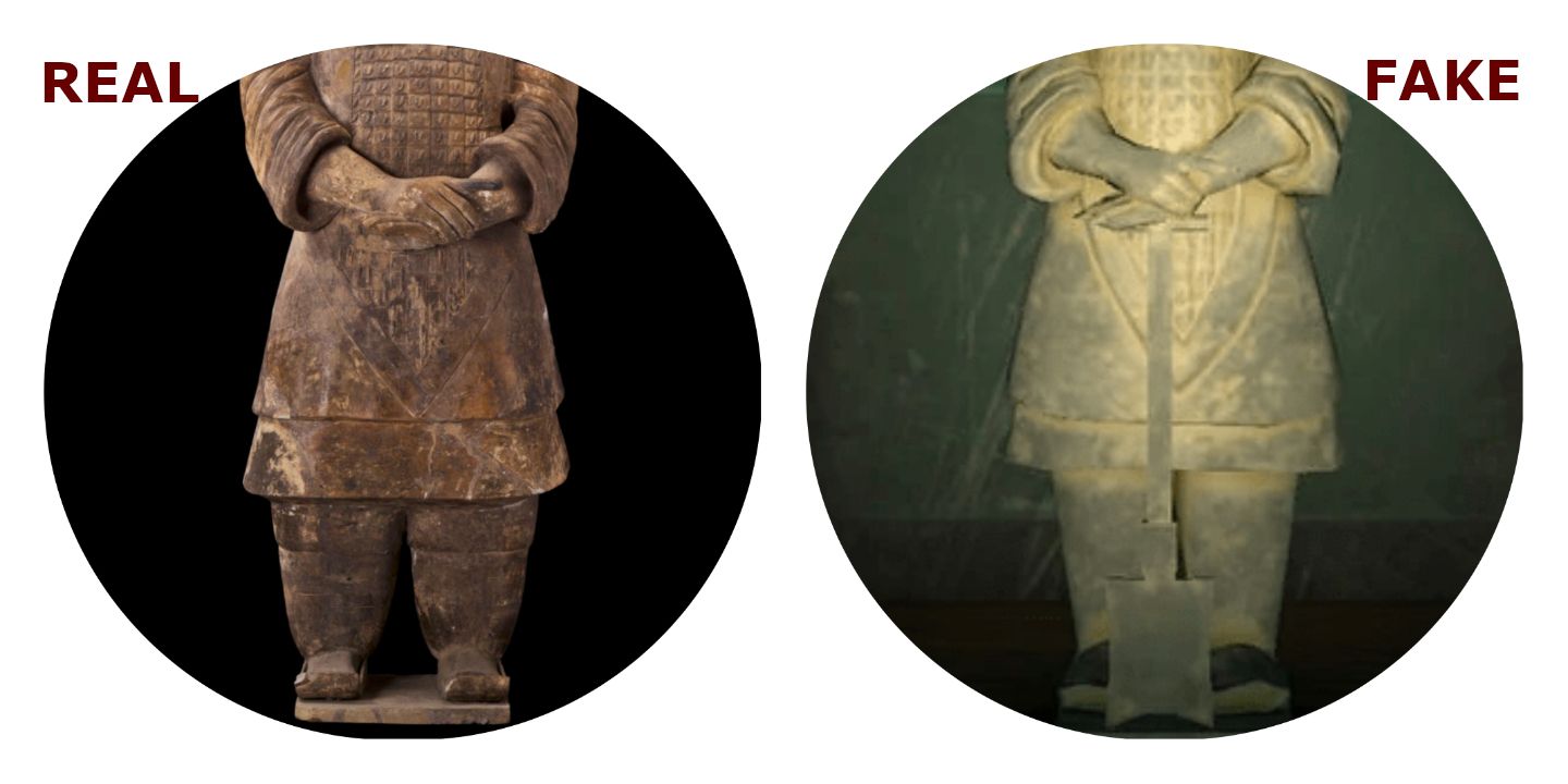 Split image of the real Warrior Statue and the fake Warrior Statue in Animal Crossing: New Horizons.