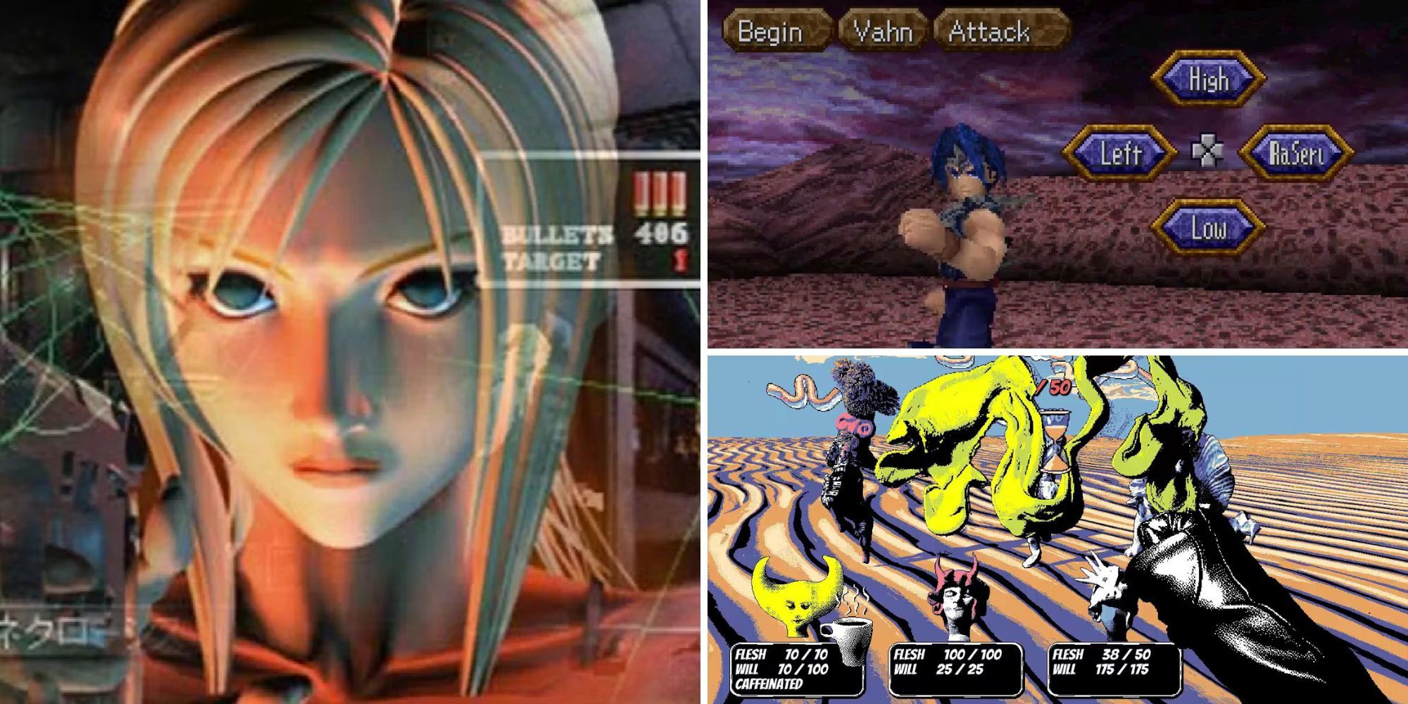 Collage of Underrated RPGs (Parasite Eve, Hylics, Land of Legaia)