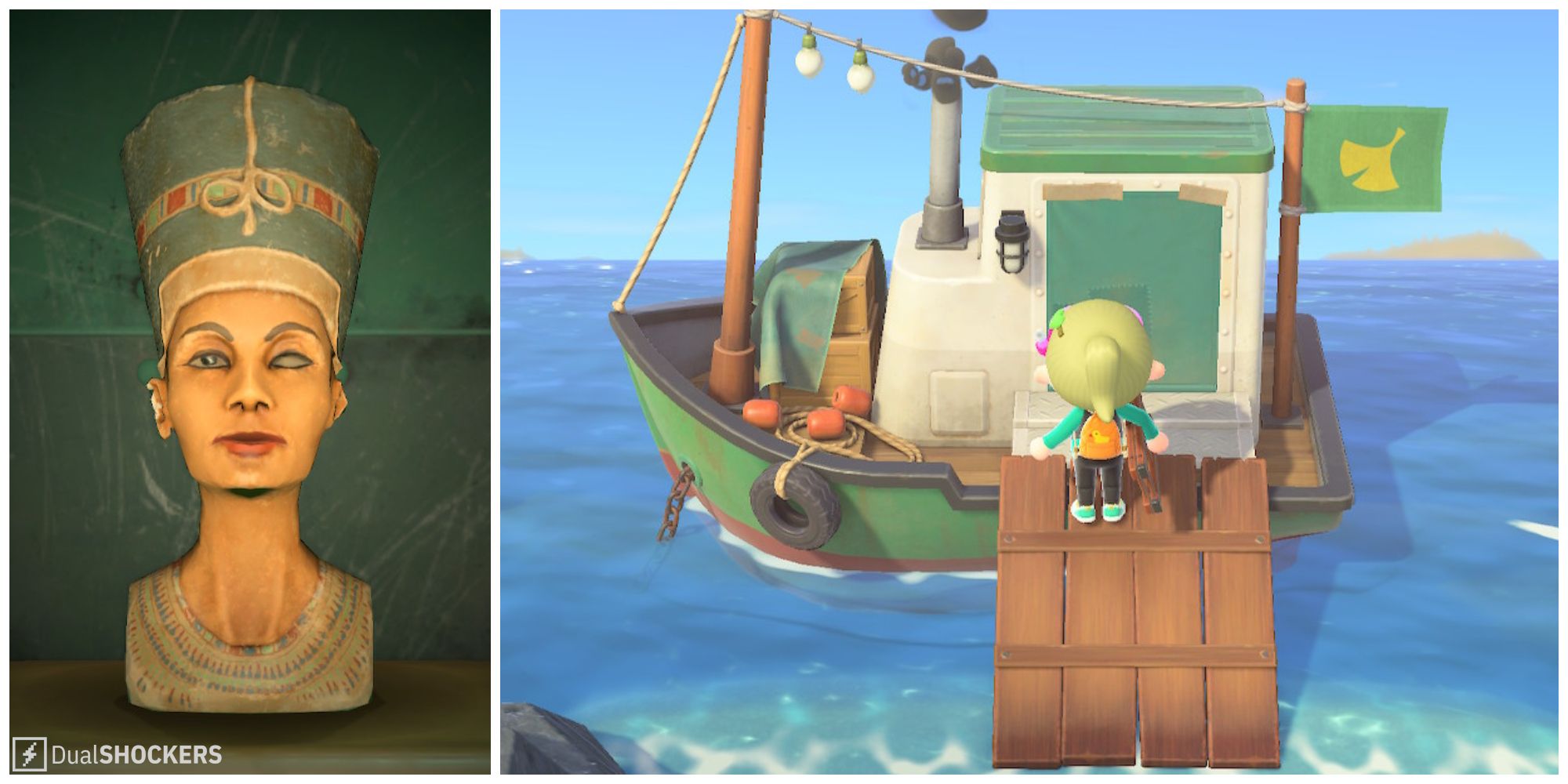 Split image of the real Mystic Statue and outside Redd's boat in Animal Crossing: New Horizons.