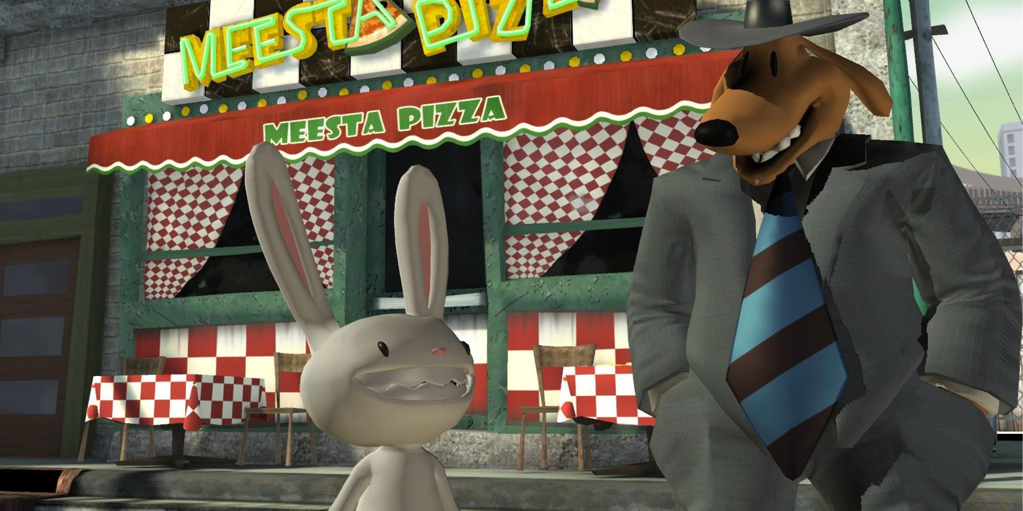 sam & max standing in front of a pizza diner