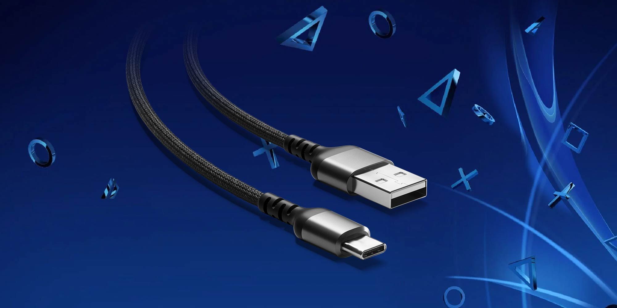 A USB-A to USB-C cable on an abstract PlayStation background.