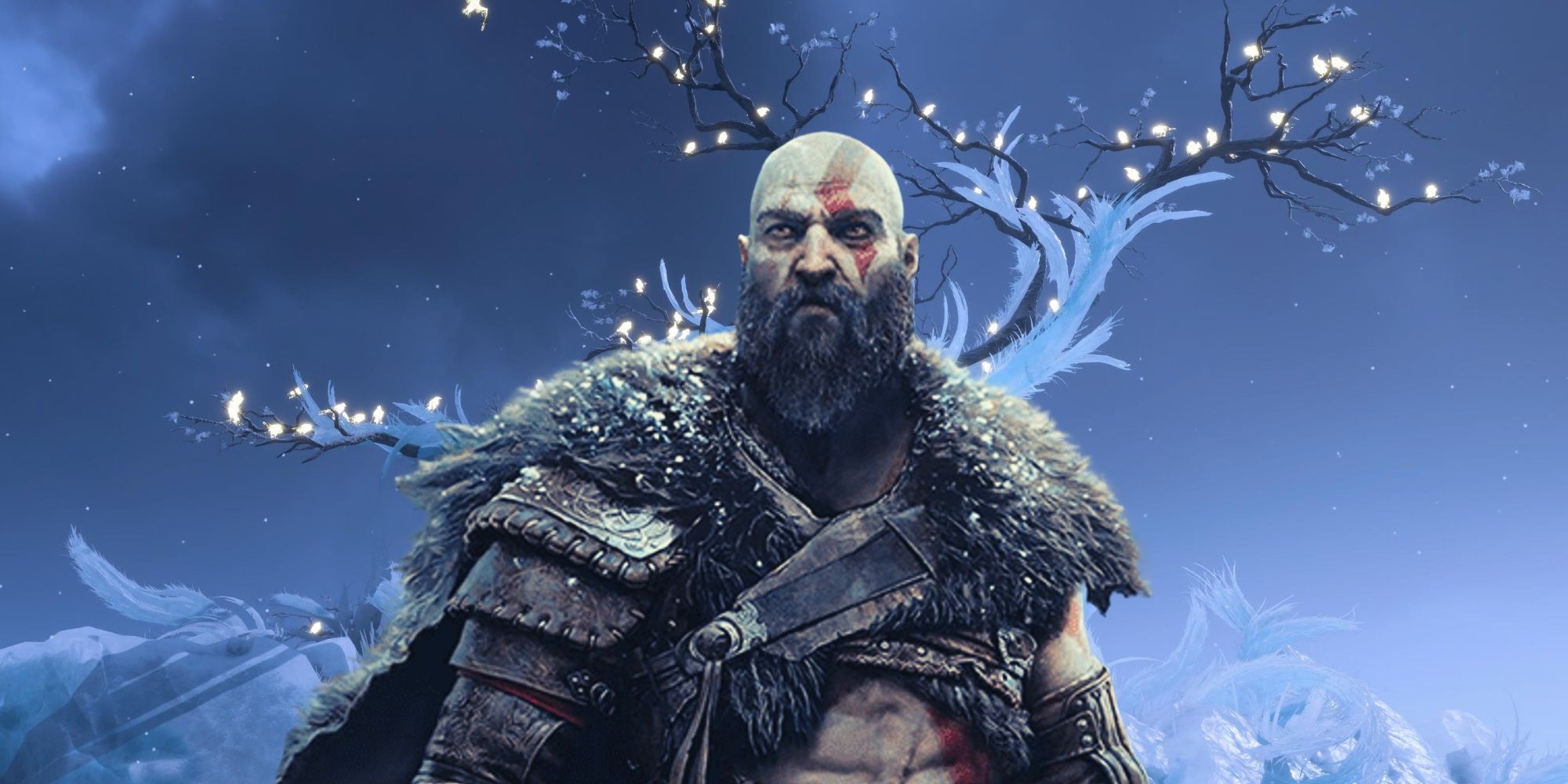Kratos poses in front of tree in niflheim