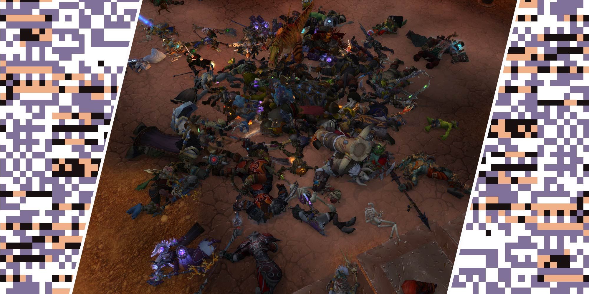 A split image featuring a pile of corpses in World of Warcraft in the middle, and Missingno on either side.