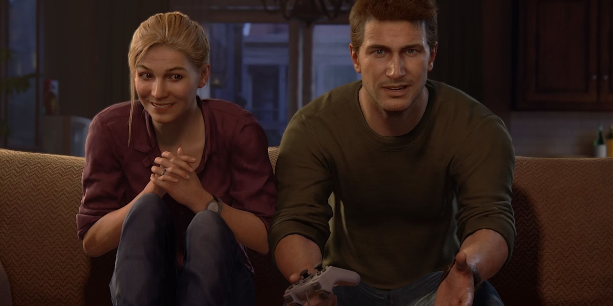 Nathan Drake playing games in Uncharted
