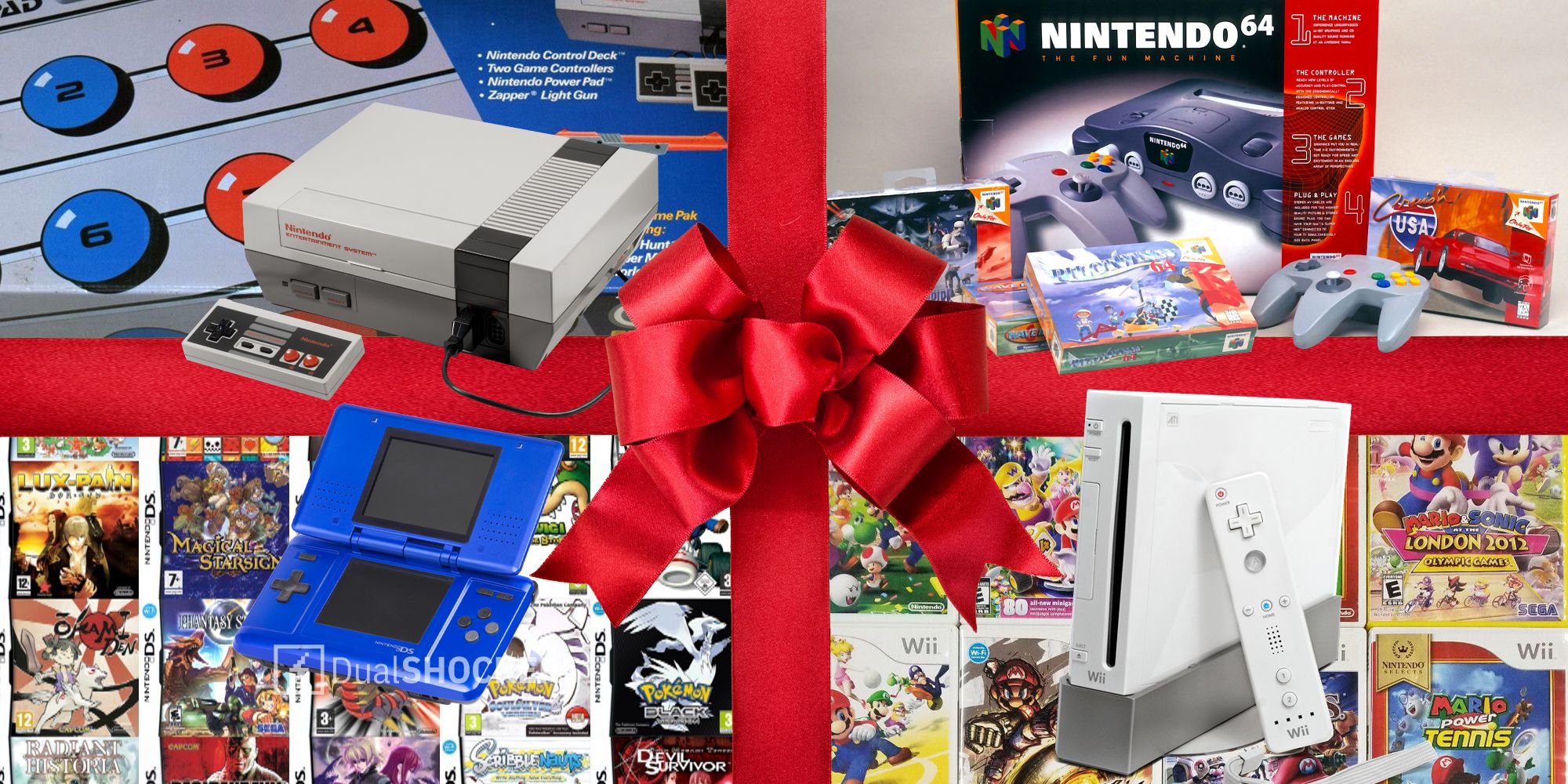 Red bow with Nintendo Entertainment System Power Set and console, Nintendo 64 console with games, Nintendo DS console with games, Nintendo Wii console with games