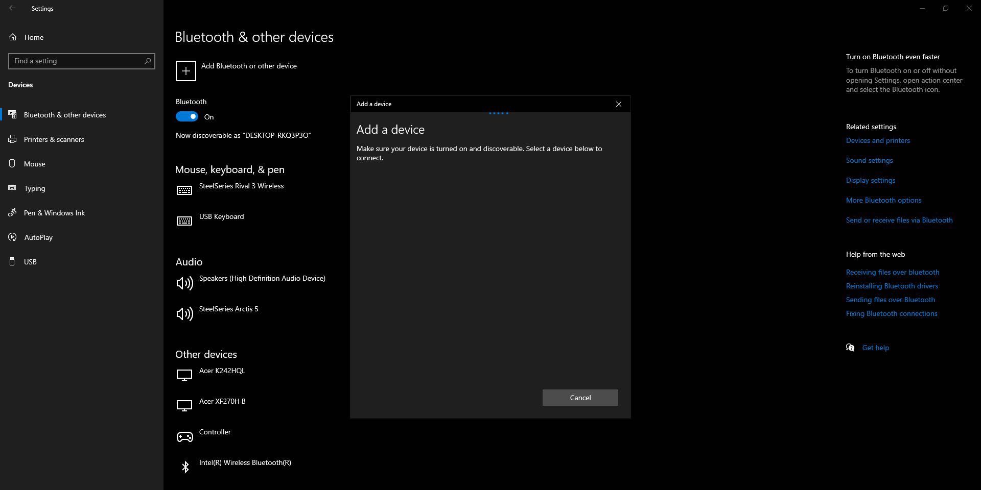 The Add a device window in the Bluetooth menu in Windows.