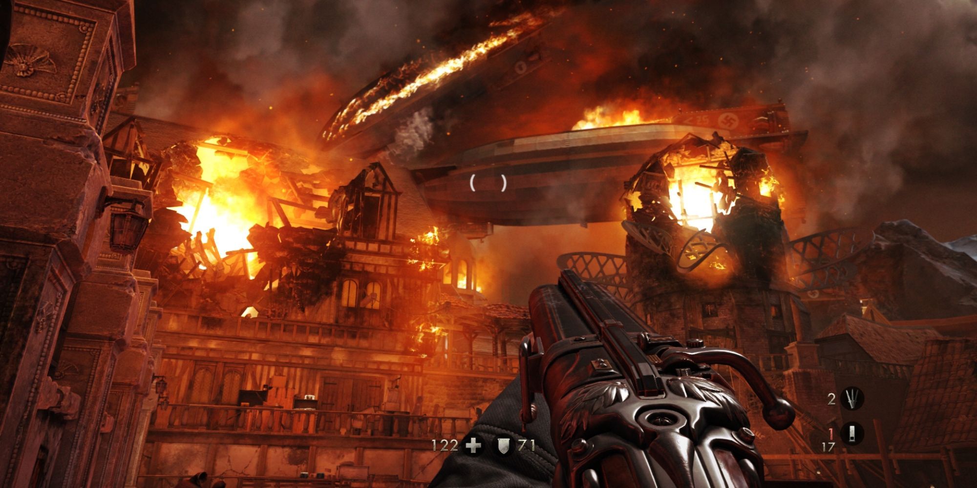 Wolfenstein The Old Blood FPS 2015 village burning by Machine Games