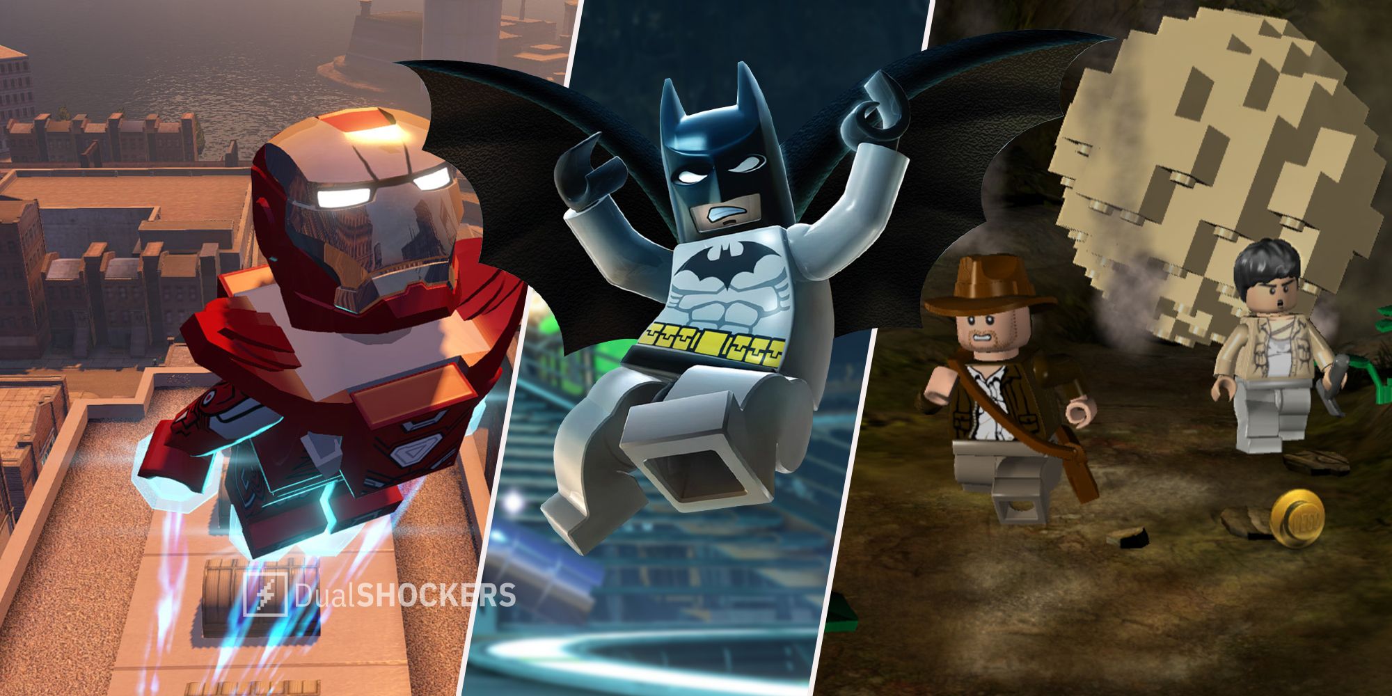 Split image Lego Marvel Avengers Iron Man flying, Lego Batman jumping, and Lego Indiana Jones running from boulder