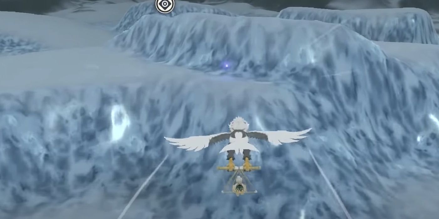 A Pokemon Legends Arceus player is flying with Hisuian Braviary heading towards a wisp on a snow covered ice formation in Bonechille Wastes in Alabaster Icelands.