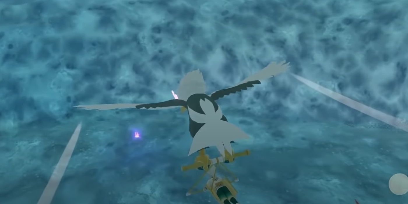A character flying with their Hisuian Braviary in Avaluggs Legacy ice cavern to a wisp in Alabaster Icelands region in Pokemon Legends Arceus.