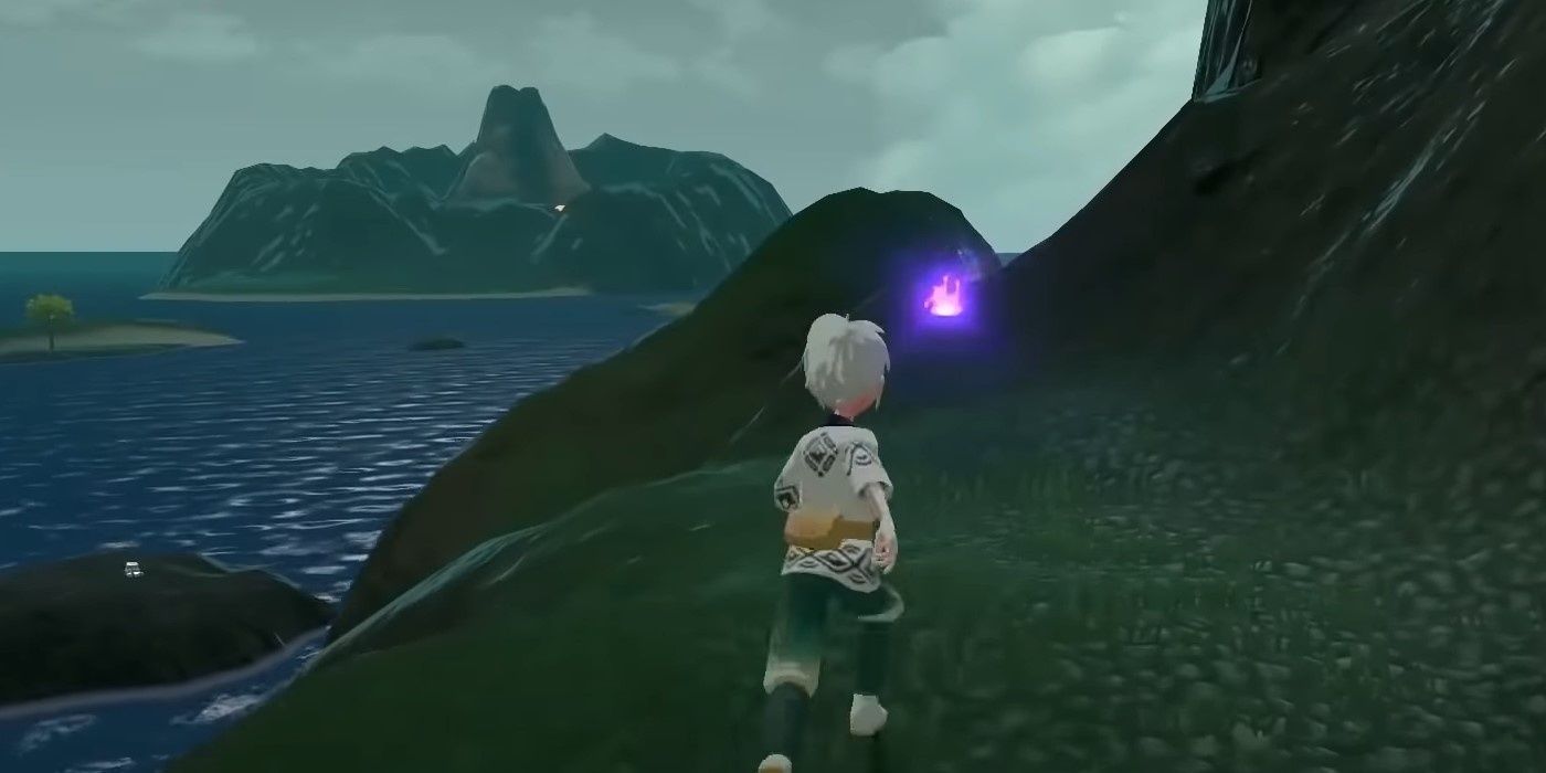 Pokemon Legends character Arceus runs towards Wisp on the side of Veilstone Cape mountain overlooking a small volcanic island in the middle of the sea in the Cobalt Coastlands.