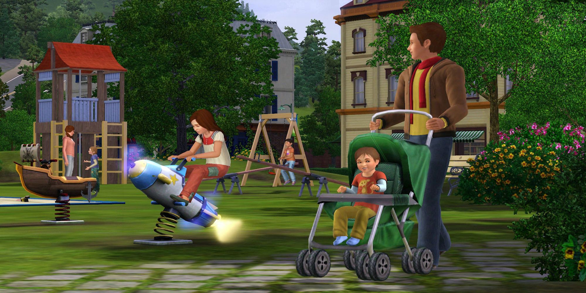Father with a stroller and watching his daughter (The Sims 3)