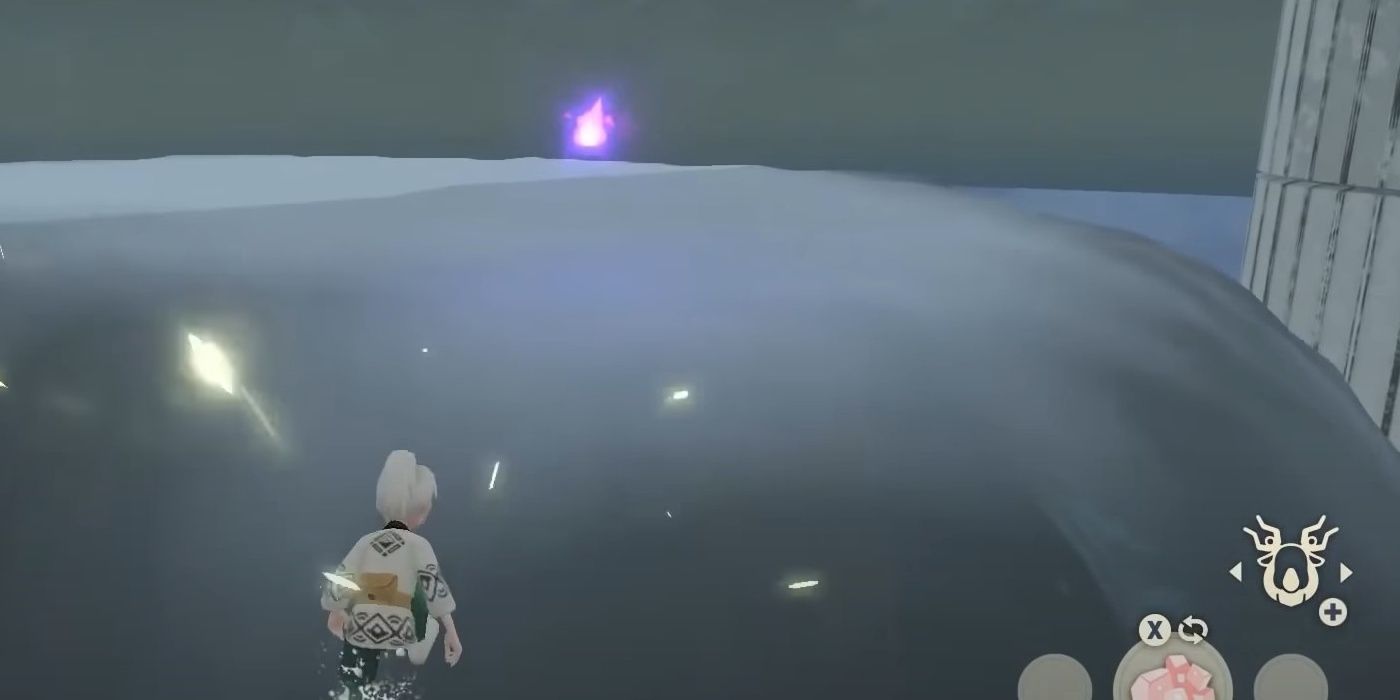 Pokemon Legends Arceus character finding a wisp next to the Snowpoint Temple in Lake Acuity on a snow covered hill in Alabaster Icelands.