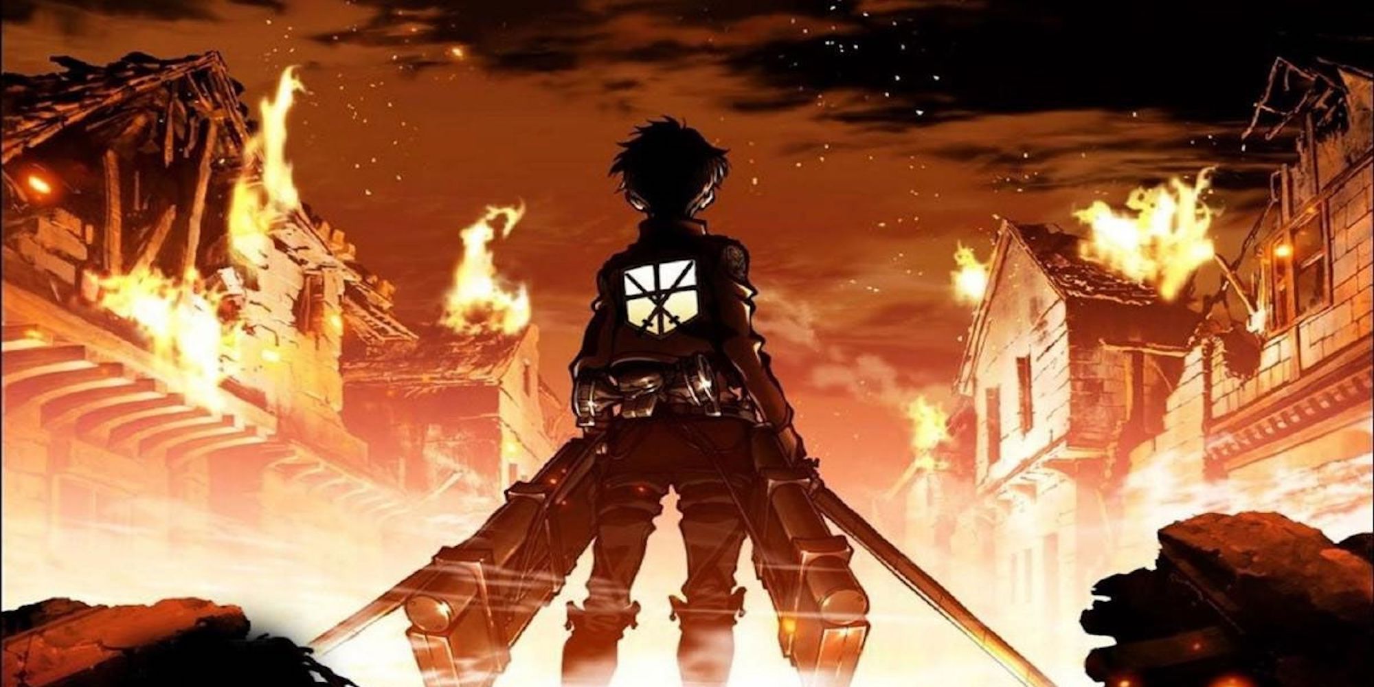 Eren Yeager surrounded by fire with his back turned towards the audience (Attack on Titan)