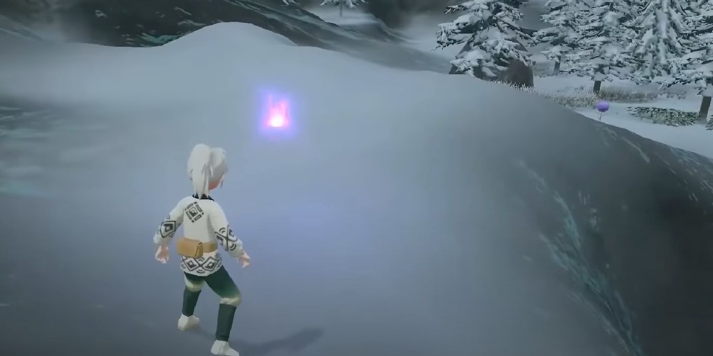 A Pokemon Legends Arceus character found a wisp on a snow covered hill leading up to a mountain in Avalugg's Legacy with a purple flower in Alabaster Icelands.