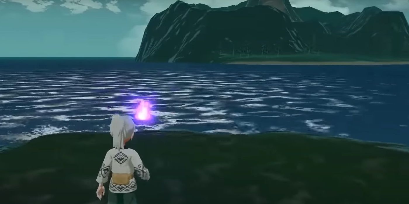 A wisp of the Pokemon Legends character Arceus was found on a small Islespy Shore rock in the middle of the waters overlooking Volcano Island in the Cobalt Coastlands. 