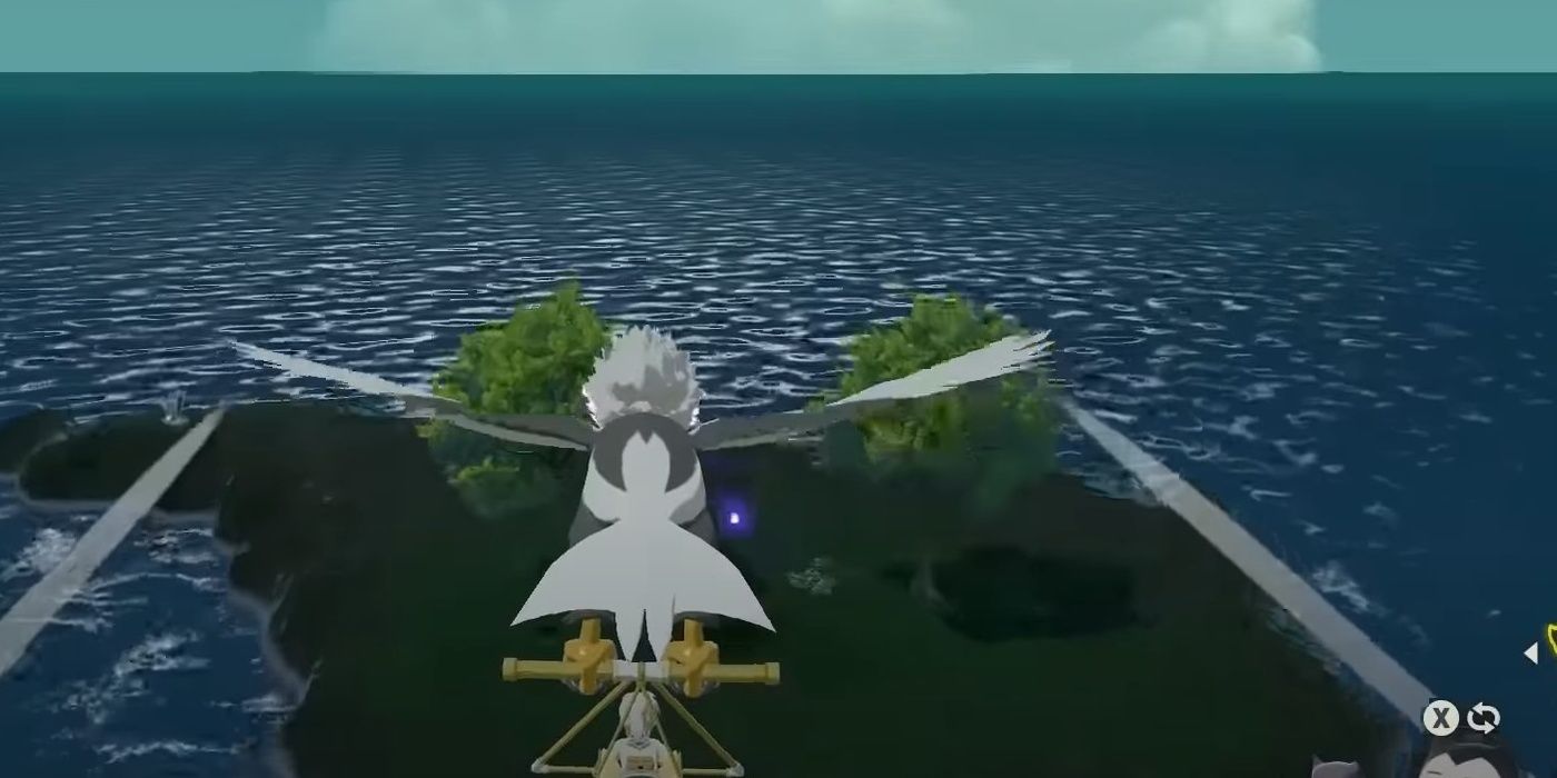 Pokemon Legends character Arceus flies on his Hisuian Braviary for a skein on tiny Firespit Island between two trees surrounded by water in the Cobalt Coastlands.