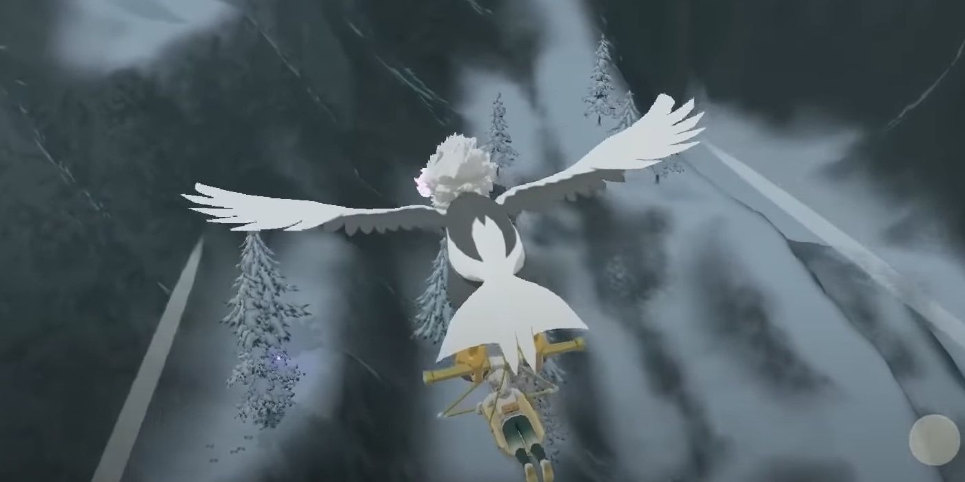 The character flying around with their Hisuian Braviary in Pokemon Legends Arceus spots a hidden wisp nestled between two trees in the Glacier Terrace area of Alabaster Icelands. 