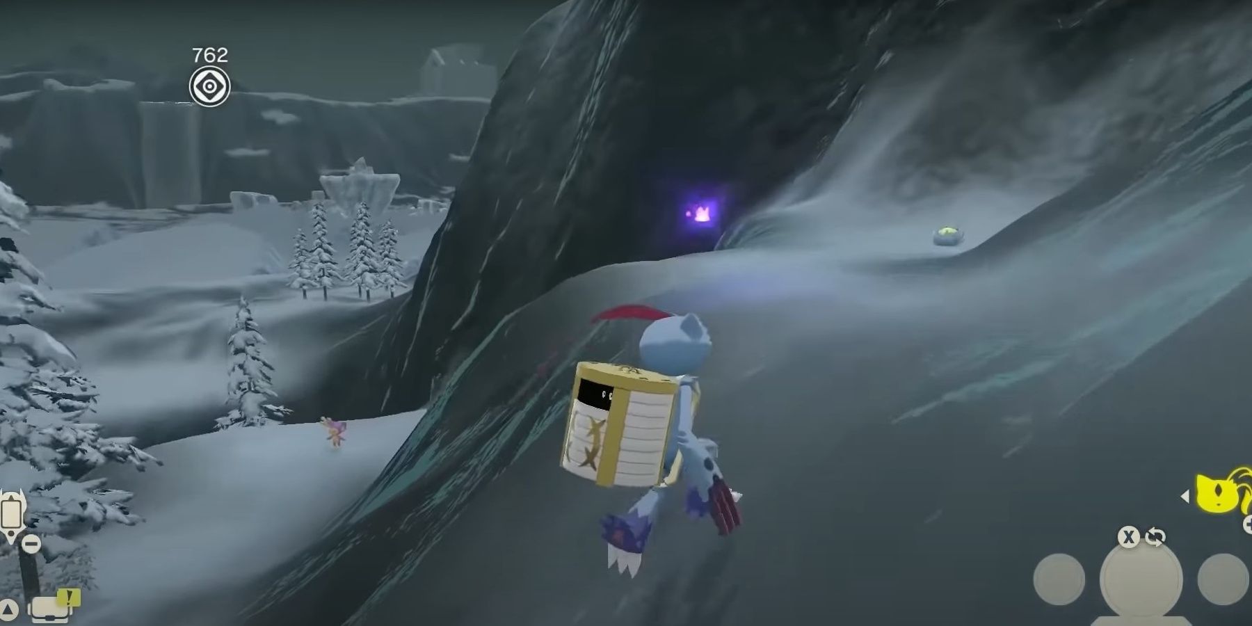 Pokemon Legends Arceus character finds a wisp on a mountain snowy ridge in the Whiteout Valley in Alabaster Icelands region overlooking snow covered trees and mountains. 