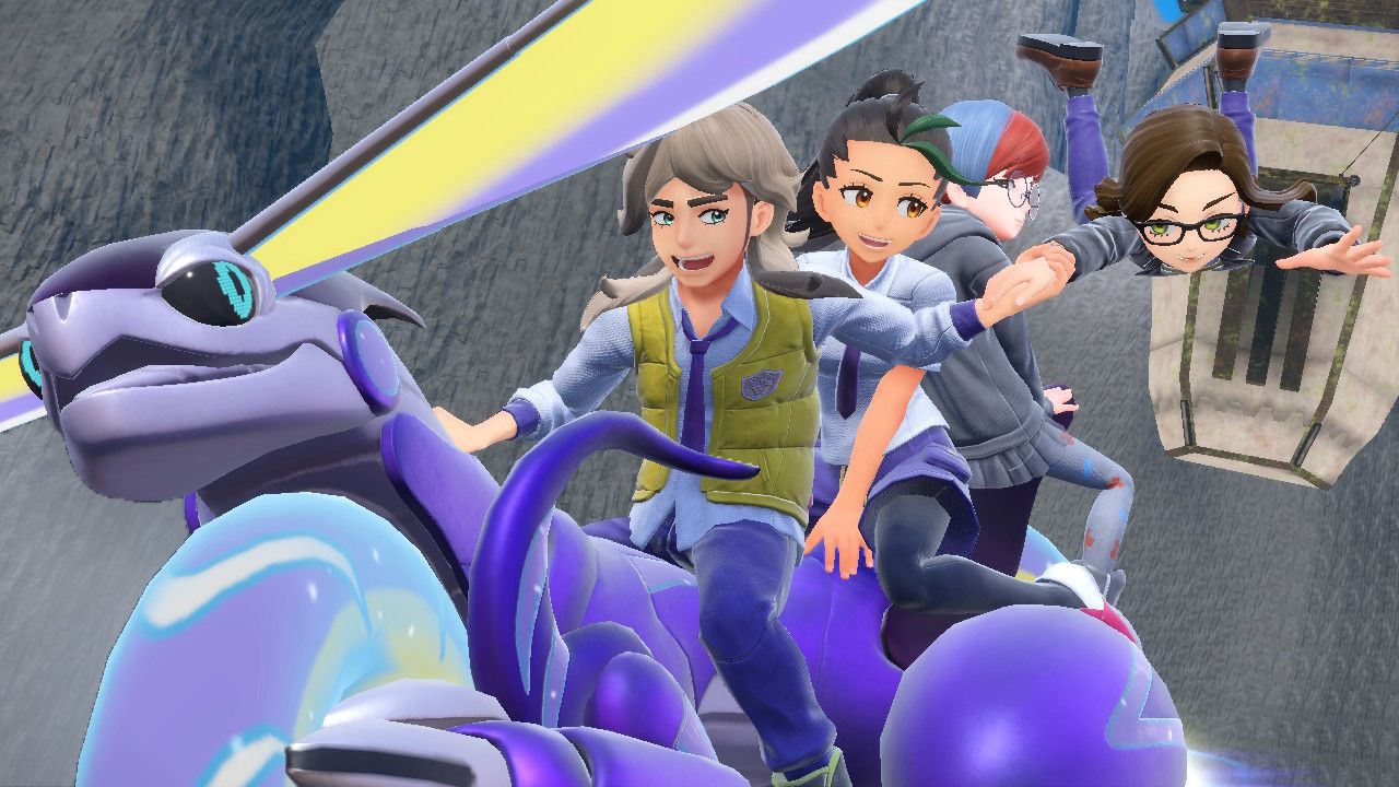 Pokemon Violet Arven, Nemona, and Penny riding on Miraidon