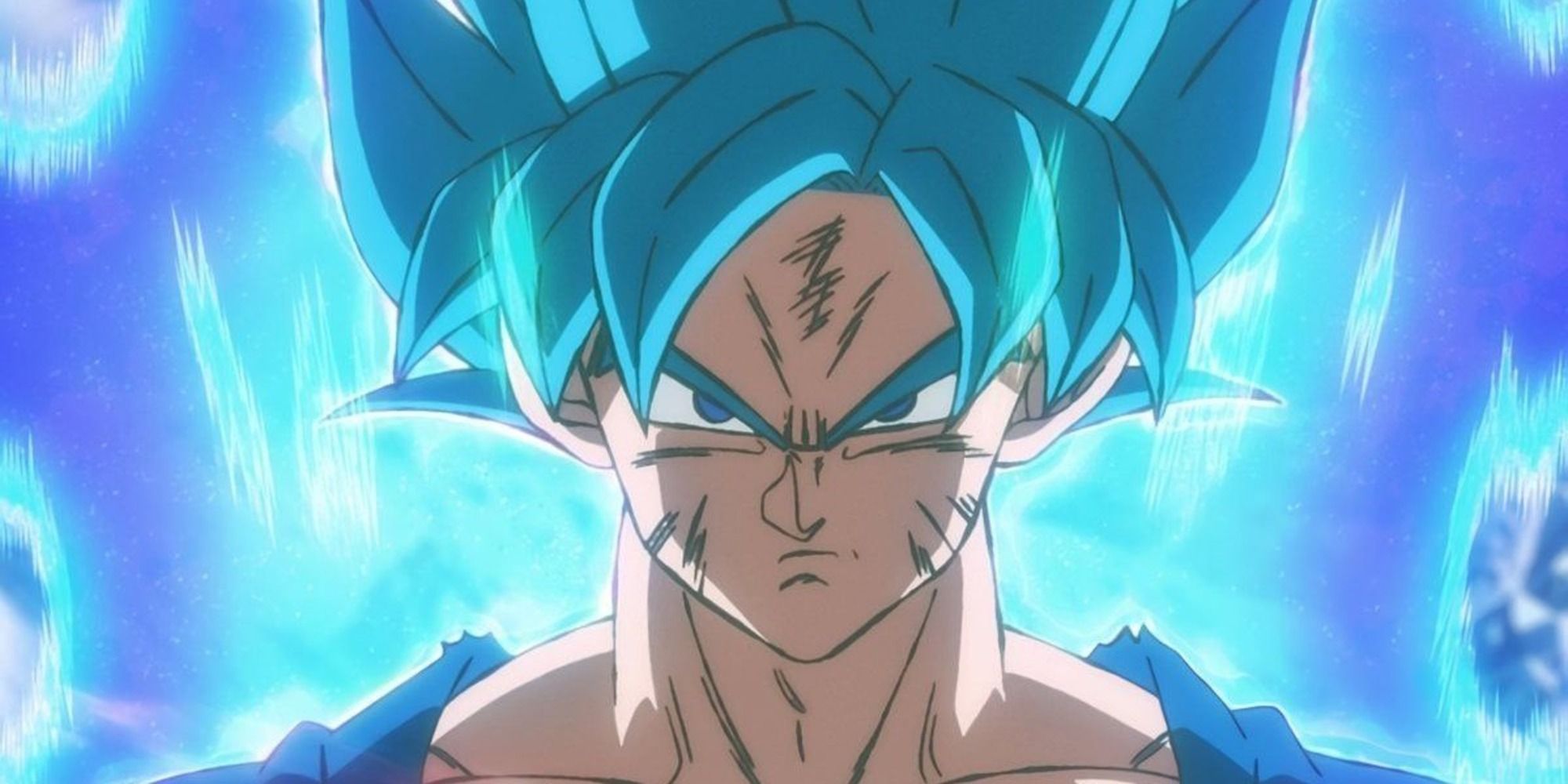 Dragon Ball Super Broly Super Saiyan Blue Goku glaring radiating power