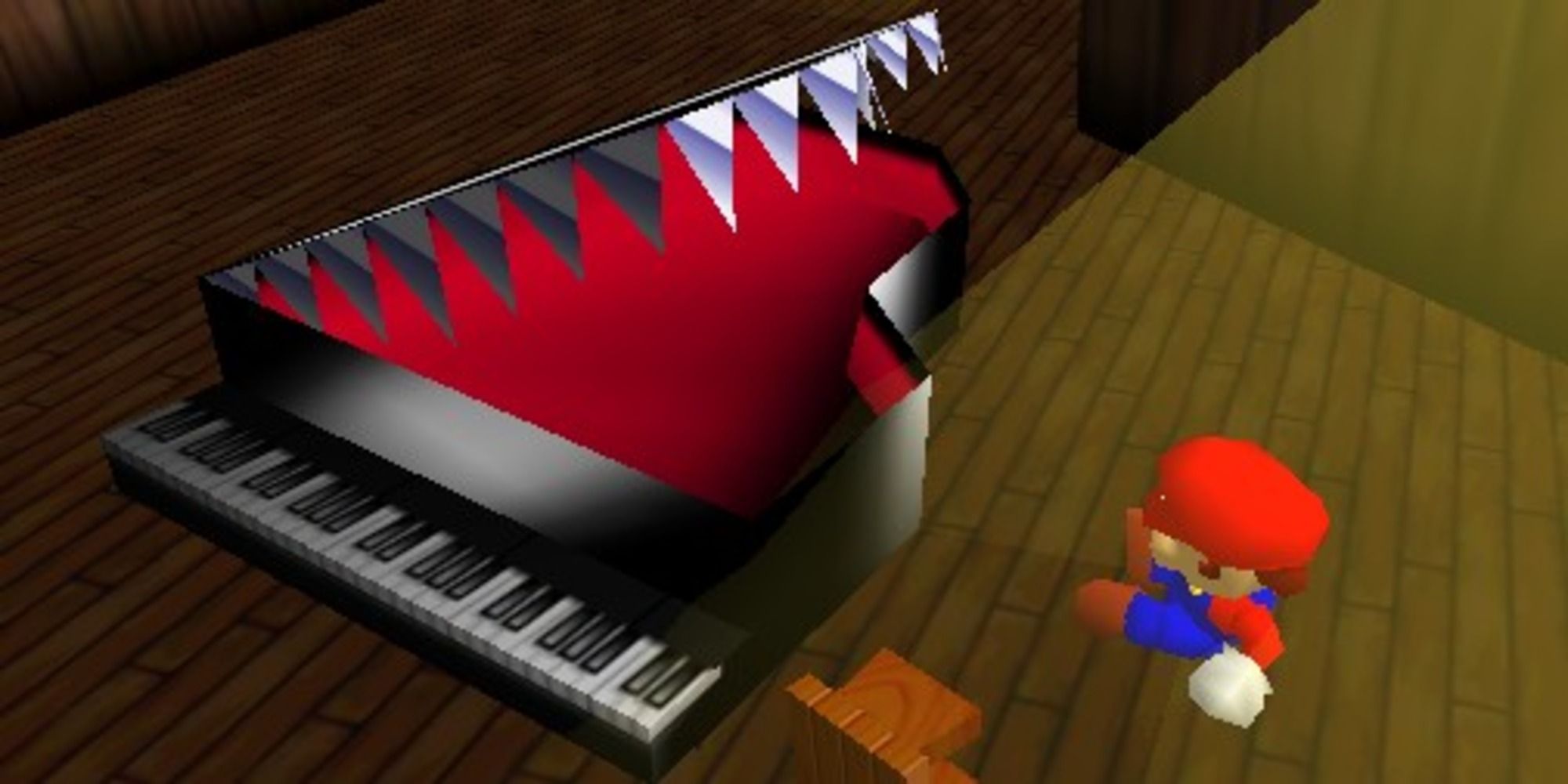 Super Mario 64 Mario being attacked by a killer piano in Big Boo's Haunt