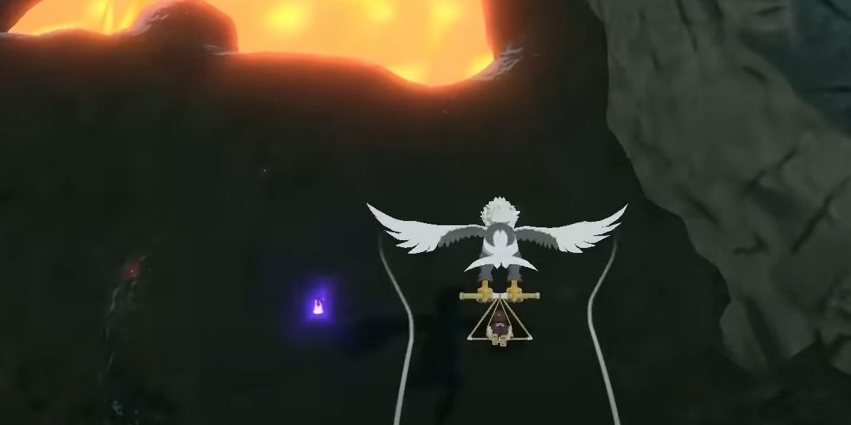Pokemon Legends character Arceus finds a lock on Firespit Island on a rock next to lava while flying with Hisuian Braviary in the Cobalt Coastlands.