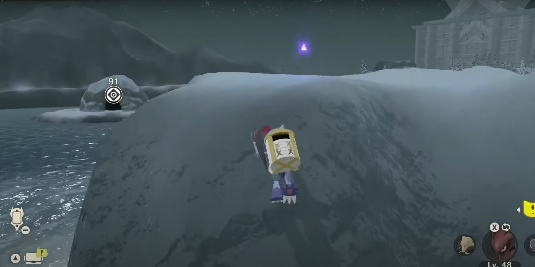 The Pokemon Legends Arceus character finds a wisp next to the Lake Acuity waterfall near the Snowpoint Temple and rock hut in Alabaster Icelands.