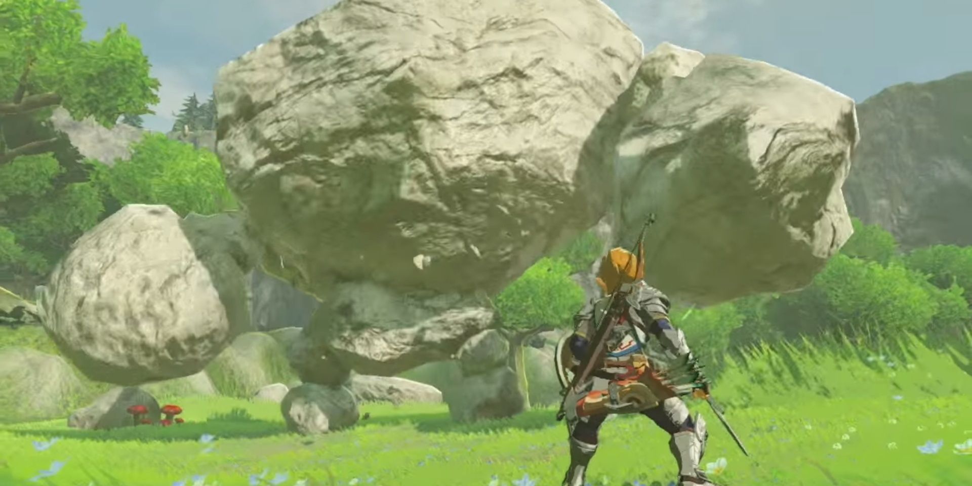 The Legend of Zelda: Breath of the Wild Link battles enormous rock creature
