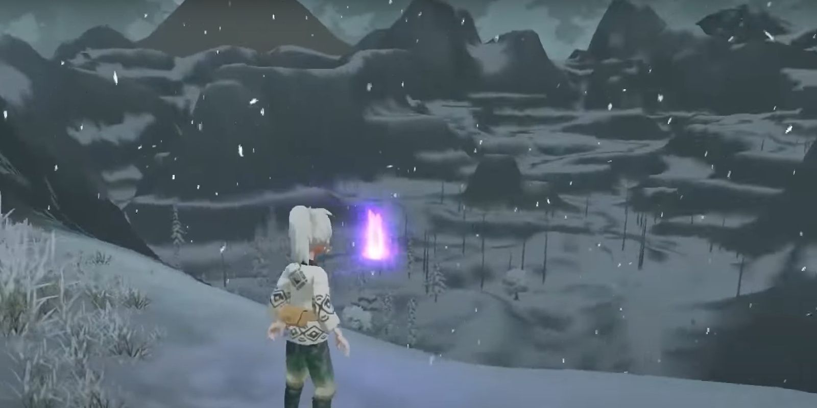 A player is standing next to a wisp in the Icepeak Arena overlooking a mountain enclosed snow covered valley with trees and rocks in Alabaster Icelands in Pokemon Legends Arceus.