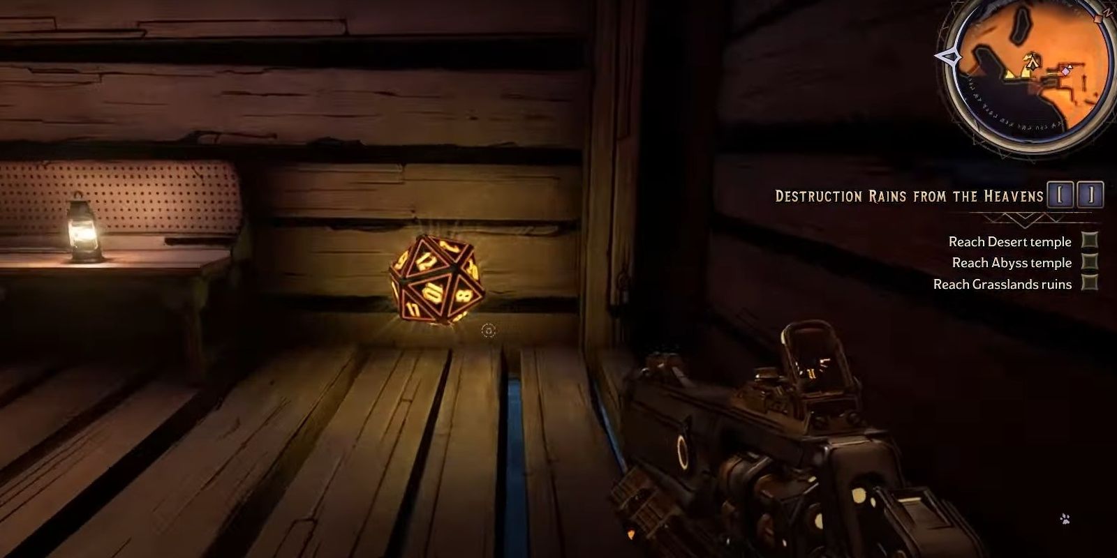 The Tiny Tina's Wonderlands character found a Golden Lucky Dice in the basement next to a table with a lantern on it beneath a house in the Mount Craw area.