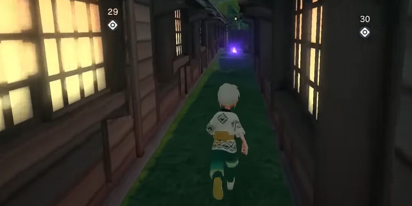 The character finds a small piece located between two buildings lit by bright light from the windows in Jubilife Village in Pokemon Legends Arceus.