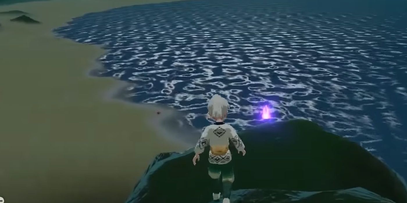 Character standing next to a lock of hair on the beach of Aipom Hill with ripples in the water in the Cobalt Coastlands in Pokemon Legends Arceus