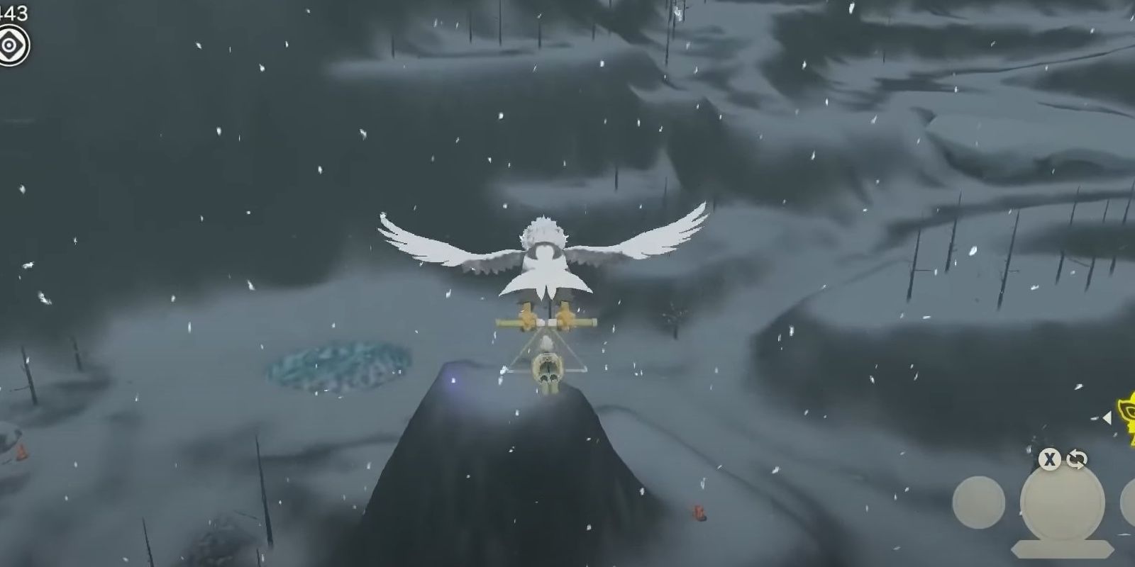 The Pokemon Legends Arceus is flying around with their Hisuian Braviary spotting a wisp on a snowy rock formation in Avalanche Slopes with an icy opening in the snow.