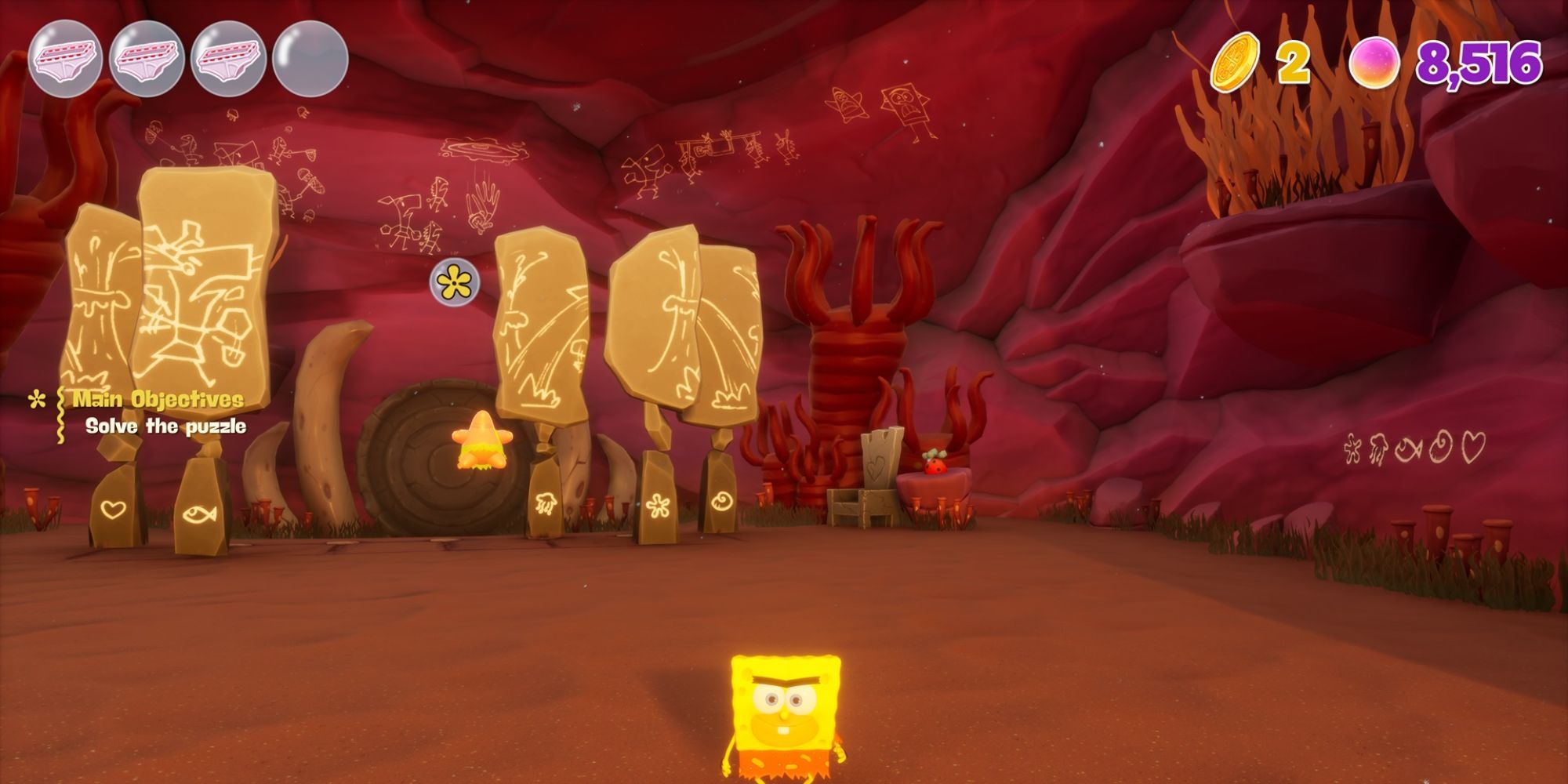 SpongeBob SquarePants- The Cosmic Shake SpongeBob stands before a rock puzzle in Prehistoric Pearl