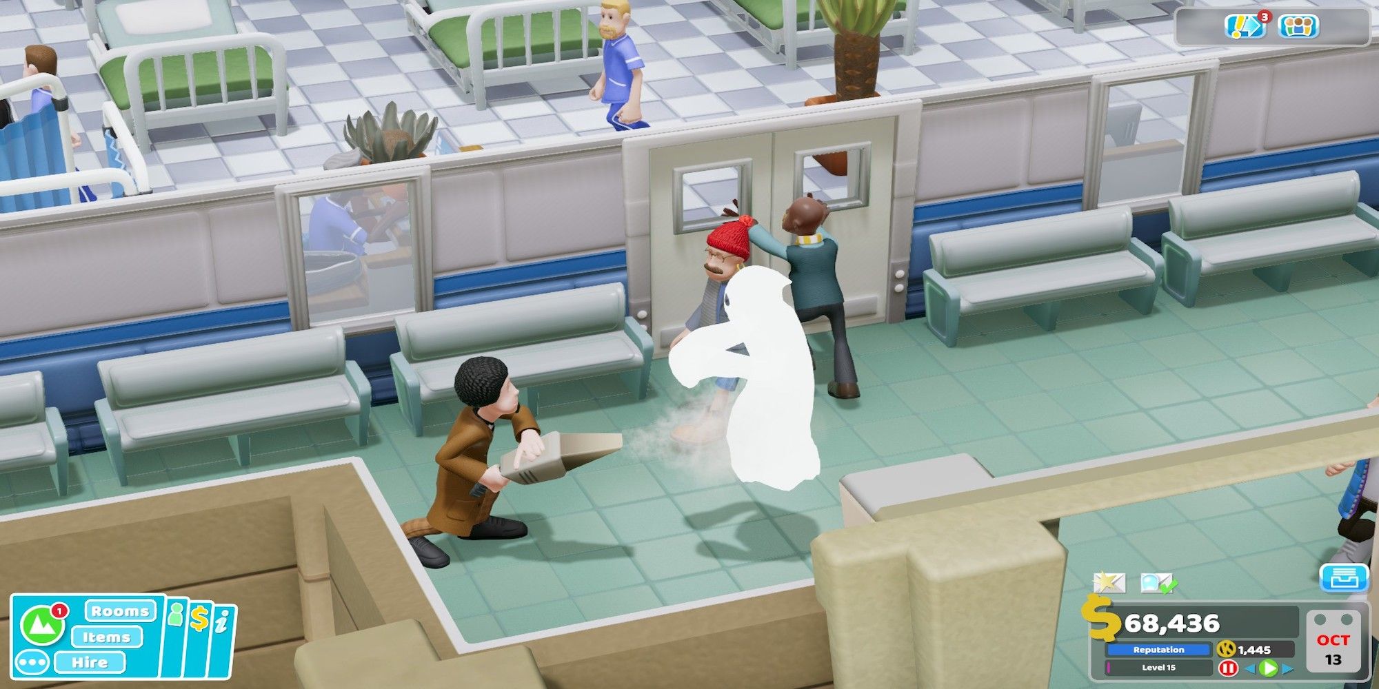 Janitor capturing a ghost (Two Point Hospital)