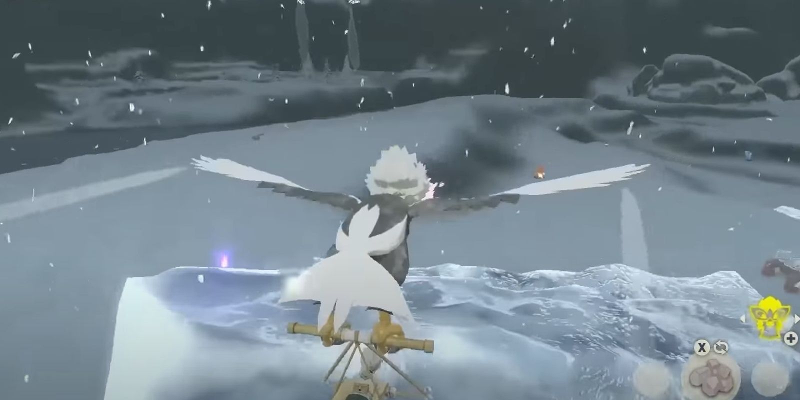 The character in Pearl Settlement is flying in with Hisuian Braviary to an icy glacier overlooking a frigid river and snow in the Alabaster Icelands region of Pokemon Legends Arceus.