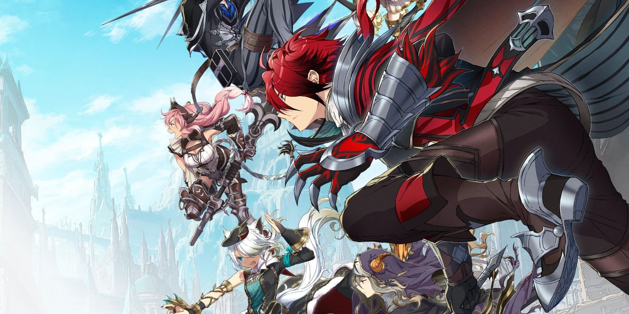 Adol and the cast of Ys IX Monstrum Nox, all plunging into battle.