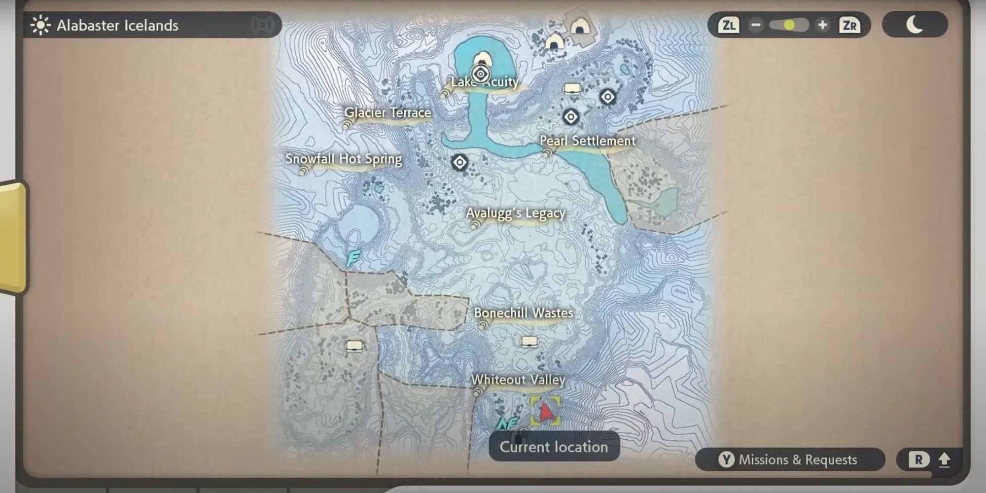 The Alabaster Icelands map showcasing the different areas the character can explore including showing their current location in this Pokemon Legends Arceus game.